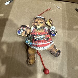 Vintage Christmas Ornament Wood Bear, Holiday Pull String Puppet with Motion